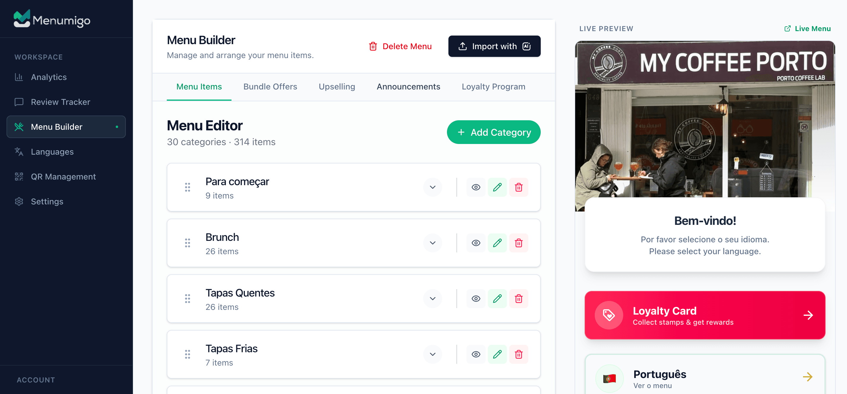 Painel do Menumigo mostrando o construtor de cardápios com prévia ao vivo de um cardápio digital de restaurante