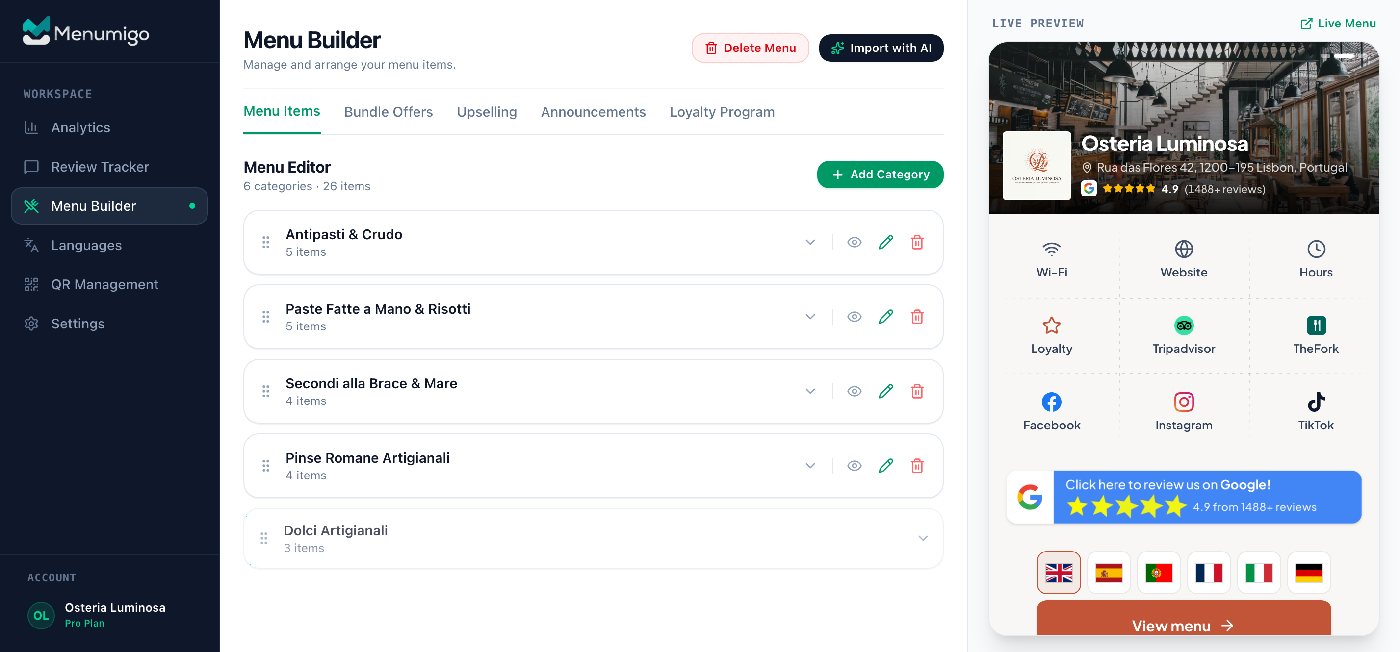 Menumigo restaurant digital menu builder interface